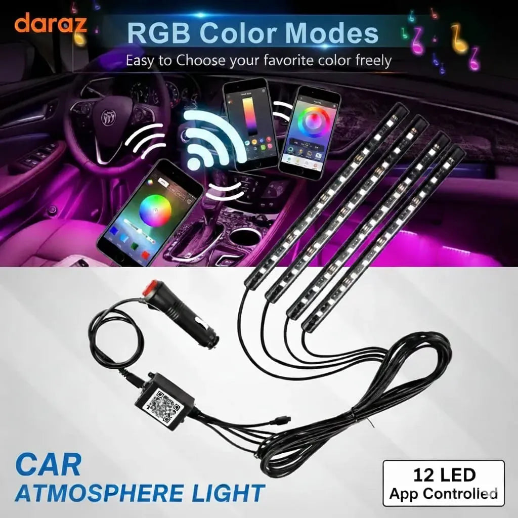 Car Atmosphere Light (12 LED Model) – Smart RGB Ambient Interior Lighting