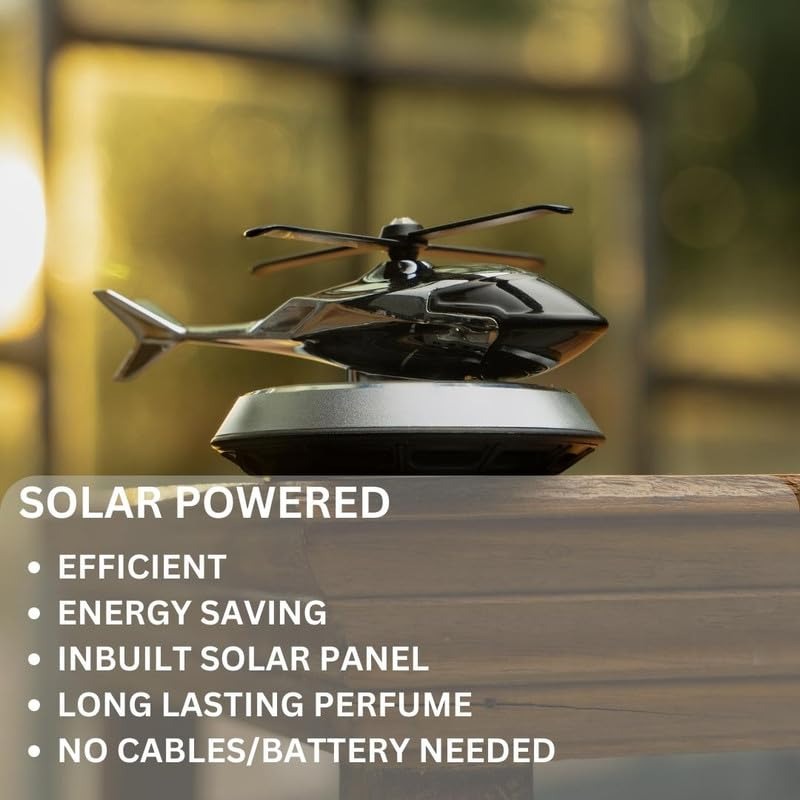 Solar Powered Car Aroma Diffuser Helicopter Air Freshener – Dashboard Perfume Decor | Metal + ABS, Refillable Fragrance