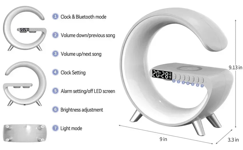 9 inch Wireless Charger Stand Alarm Clock Bluetooth Speaker LED Lamp RGB Night Light For iPhone Samsung Fast Charging Station