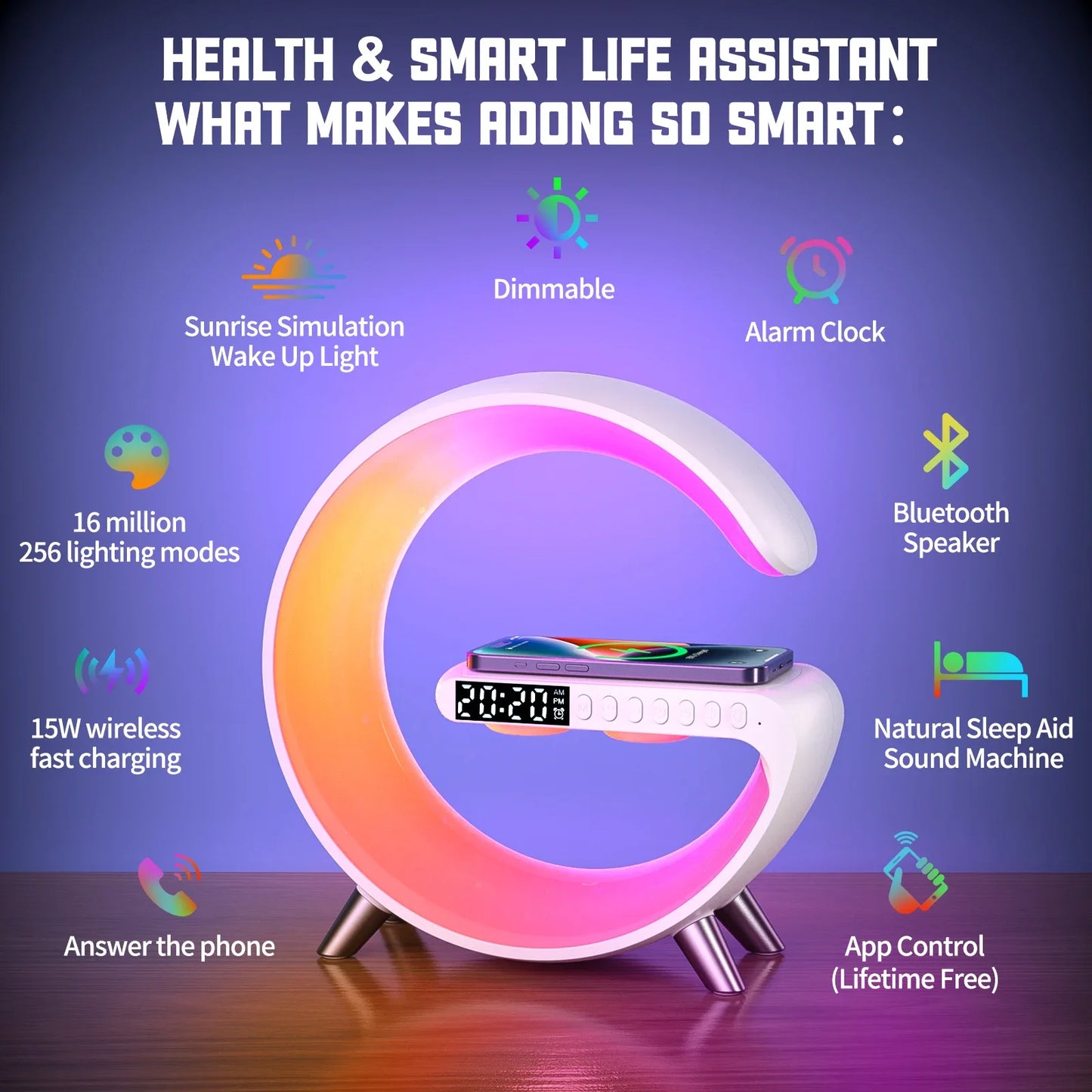 9 inch Wireless Charger Stand Alarm Clock Bluetooth Speaker LED Lamp RGB Night Light For iPhone Samsung Fast Charging Station